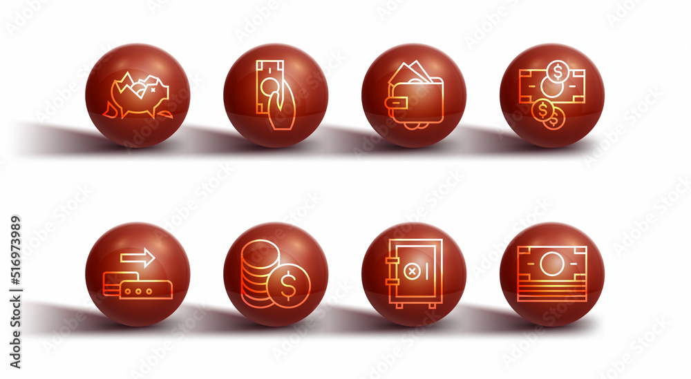 Set line Broken piggy bank, Pos terminal, Stacks paper money cash, Safe, Coin with dollar, Fast payments, and Wallet icon. Vector Set line Broken piggy bank, Pos terminal, Stacks paper money cash, Safe, Coin with dollar, Fast payments, and Wallet icon. Vector