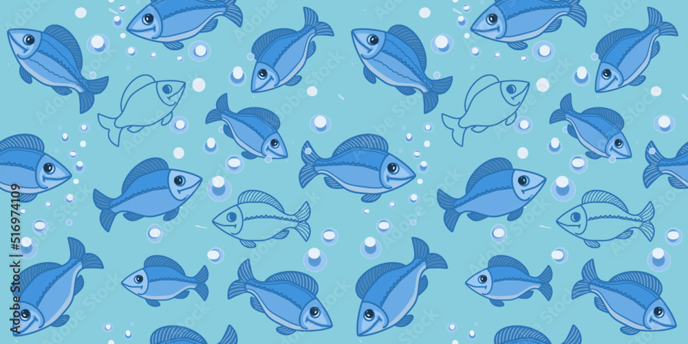 Blue fish in water, repeating pattern, on a blue background, for printing on paper and textiles Blue fish in water, repeating pattern, on a blue background, for printing on paper and textiles