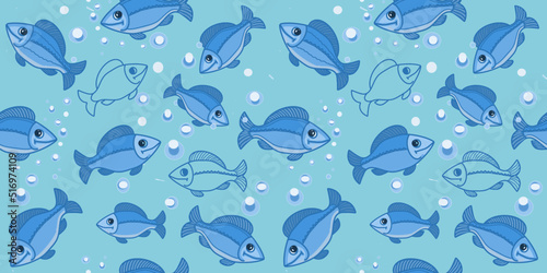 Blue fish in water, repeating pattern, on a blue background, for printing on paper and textiles