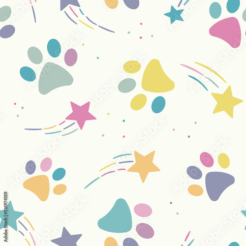 Cute colorful vector pattern for pets with paws and shooting stars