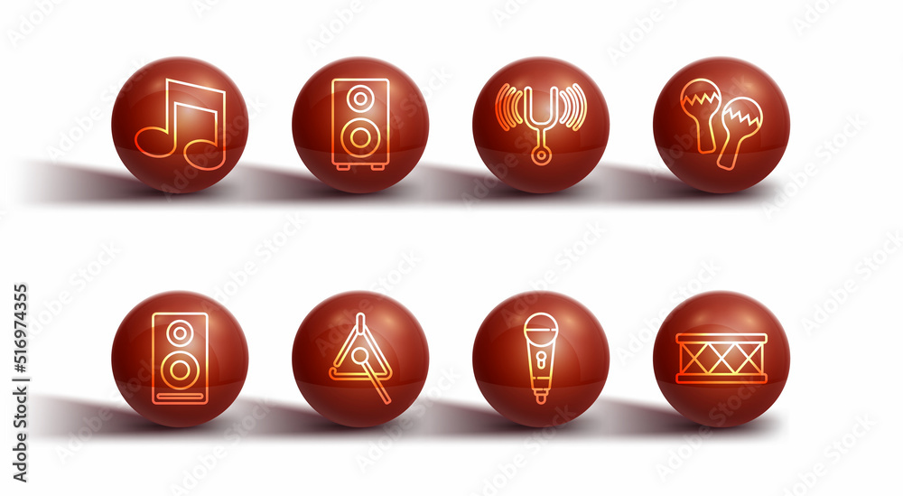 Set line Music note, tone, Stereo speaker, Maracas, Microphone, Triangle, Drum and Musical tuning fork icon. Vector Set line Music note, tone, Stereo speaker, Maracas, Microphone, Triangle, Drum and Musical tuning fork icon. Vector