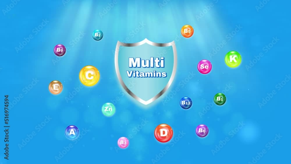 Essential vitamin and mineral complex on Blue Background with light ray.