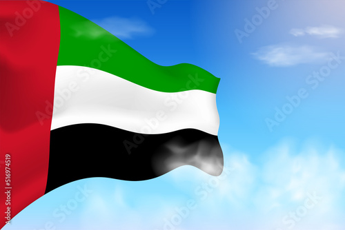 United Arab Emirates flag in the clouds. Vector flag waving in the sky. National day realistic flag illustration. Blue sky vector.	