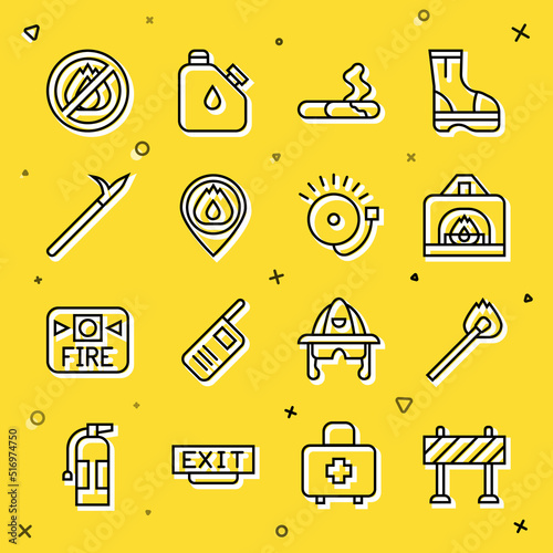 Set line Road barrier, Burning match with fire, Interior fireplace, Cigarette, Location flame, Metal pike pole, No and Ringing alarm bell icon. Vector