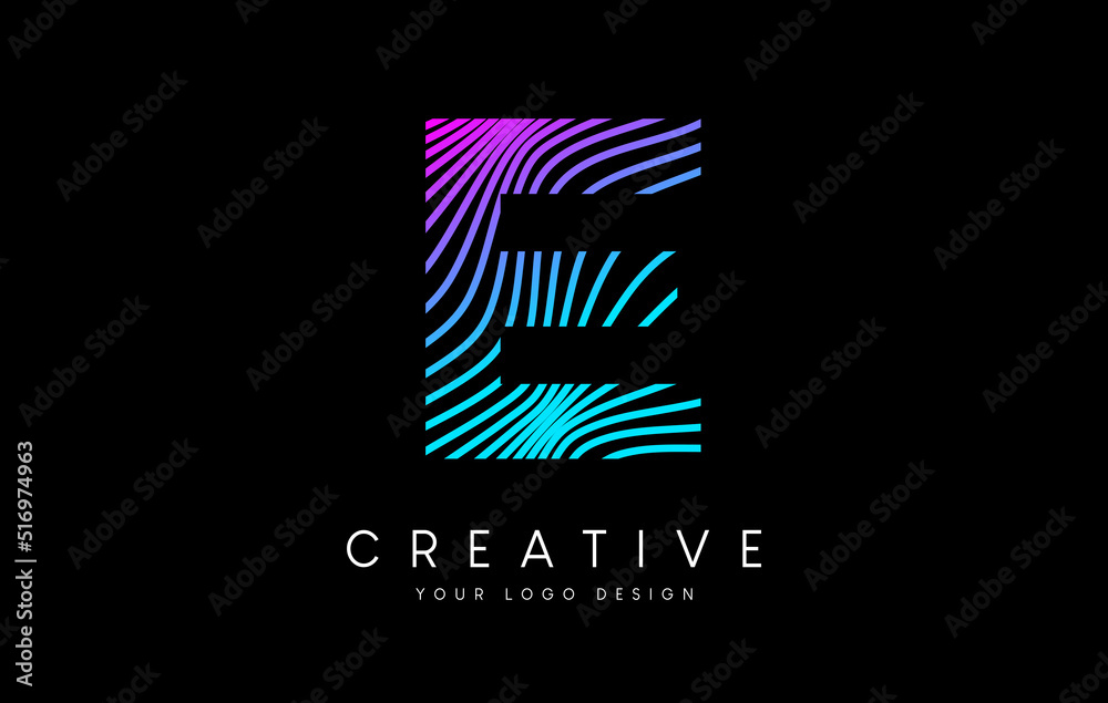 Warp Zebra Lines Letter E logo Design with Neon Purple Lines and Creative Icon Vector Warp Zebra Lines Letter E logo Design with Neon Purple Lines and Creative Icon Vector
