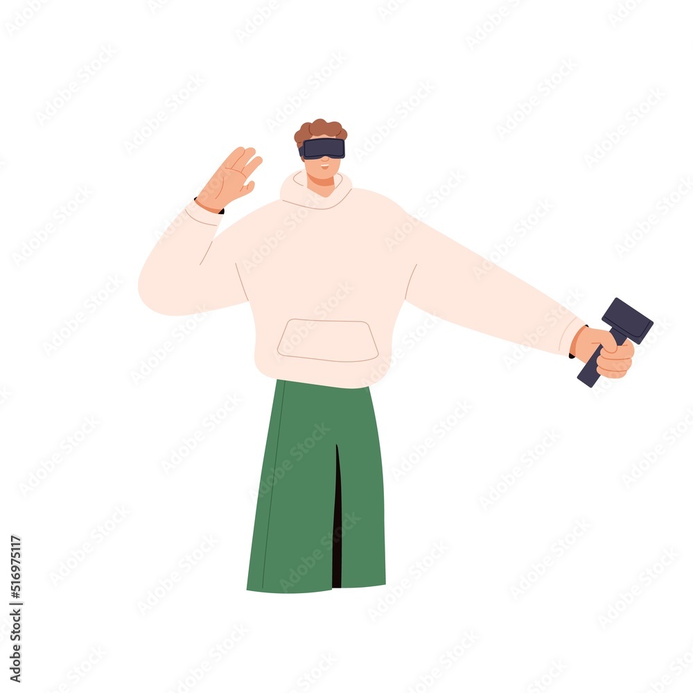 Young man in VR headset, holding controller and playing simulation game in virtual reality. Happy person in digital glasses for cyberspace. Flat vector illustration isolated on white background