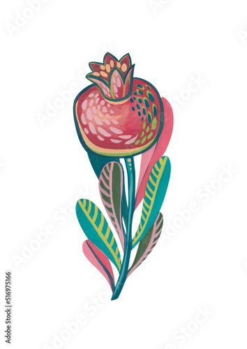 Wallpaper Mural Illustration with a pomegranate branch hand-drawn with gouache paints in a decorative stylized style..Colorful drawing of a branch with a pomegranate. Torontodigital.ca