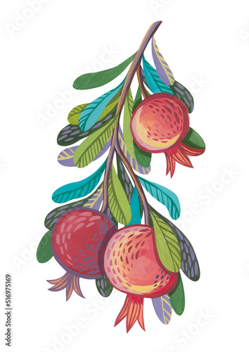 Wallpaper Mural Illustration with a pomegranate branch hand-drawn with gouache paints in a decorative stylized style. .Colorful drawing of a branch with pomegranates. Torontodigital.ca