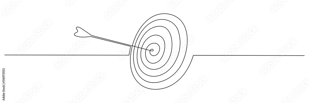 Target with arrow continuous line drawing. Hand drawn linear goal circle. Vector illustration isolated on white. - obrazy, fototapety, plakaty 
