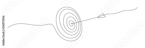 Target with arrow continuous line drawing. Hand drawn linear goal circle. Vector illustration isolated on white.