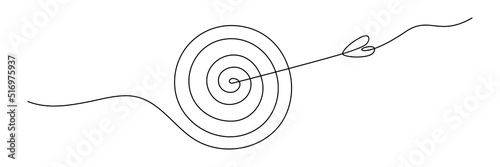 Target with arrow continuous line drawing. Hand drawn linear goal circle. Vector illustration isolated on white.