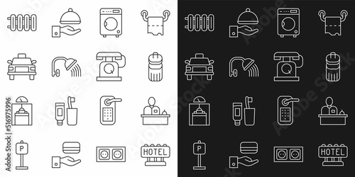 Set line Signboard with text Hotel, reception desk, Trash can, Washer, Shower head, Taxi car, Heating radiator and Telephone handset icon. Vector