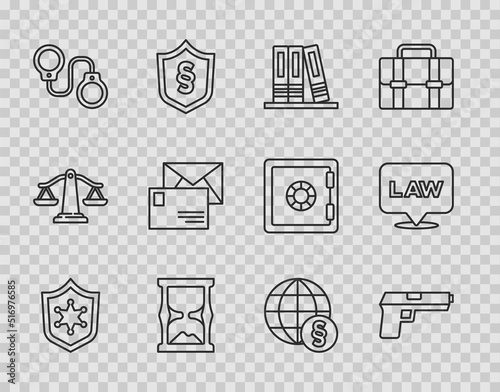 Set line Police badge, Pistol or gun, Office folders, Old hourglass, Handcuffs, Envelope, International law and Location icon. Vector