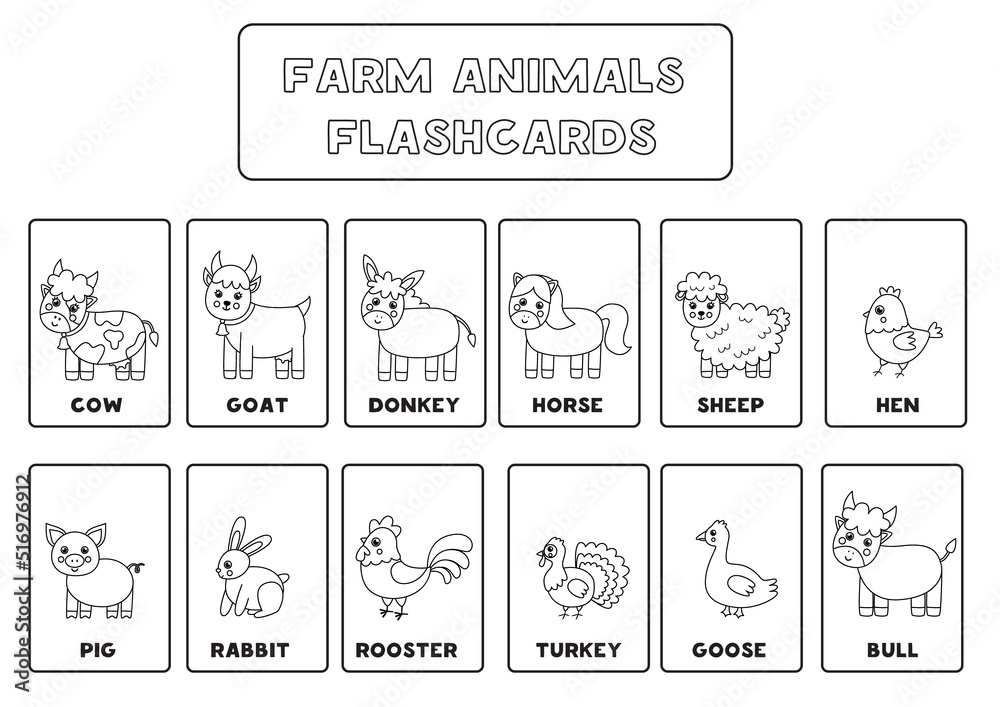 Vettoriale Stock Black and white farm animal flashcards for kids. | Adobe  Stock