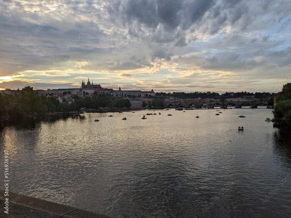 sunset over the river in Prague