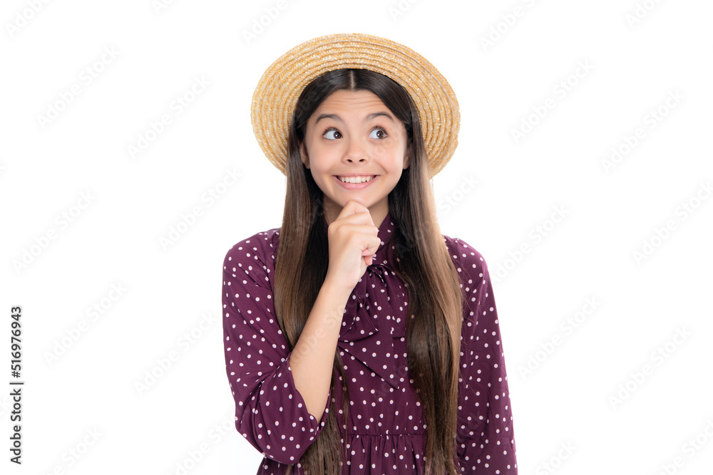 Portrait of happy smiling teenage child girl. Thoughtful teenage child girl on white isolated background. Portrait of a kid thinking over idea. Pensive girl. Portrait of happy smiling teenage child girl. Thoughtful teenage child girl on white isolated background. Portrait of a kid thinking over idea. Pensive girl.