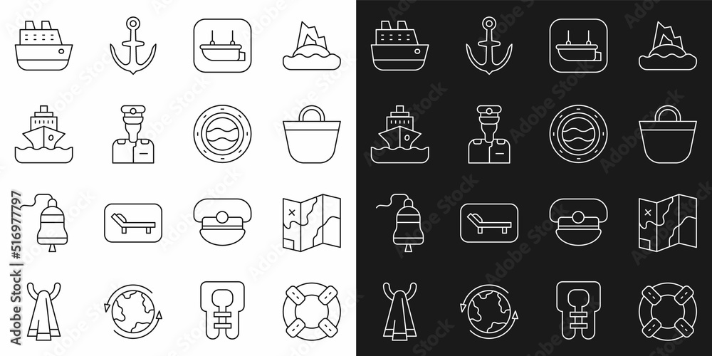 Set line Lifebuoy, Folded map, Beach bag, Lifeboat, Captain of ship, Cruise, and Ship porthole with seascape icon. Vector