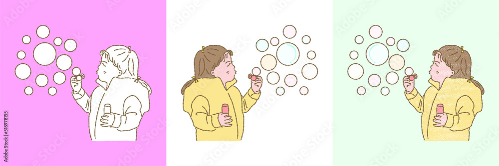 Girl blowing bubbles through wand and holding bottle of soap solution in other hand. Set of different styles hand drawn flat vector illustration isolated on colored background.
