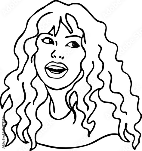Beautiful young woman smiling with white teeth. Model girl for beauty salon  hairdressing  cosmetic shop. Girl with long blond hair and big eyes. Hand drawn illustration. Comic cartoon vector drawing.