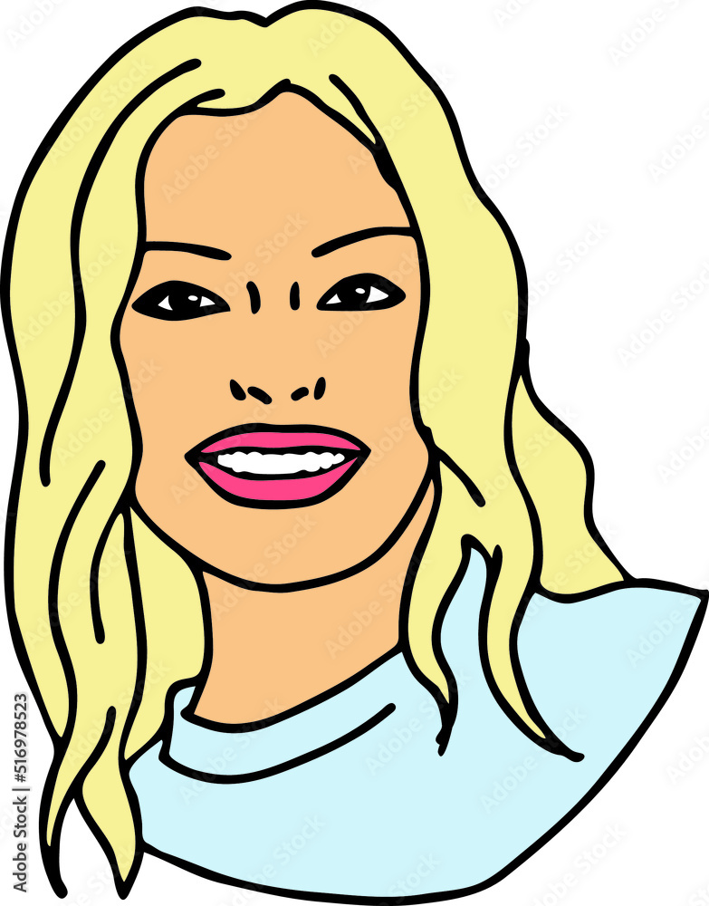 Beautiful young woman smiling with white teeth. Model girl for beauty salon, hairdressing, cosmetic shop. Girl with long blond hair and big eyes. Hand drawn illustration. Comic cartoon vector drawing. Beautiful young woman smiling with white teeth. Model girl for beauty salon, hairdressing, cosmetic shop. Girl with long blond hair and big eyes. Hand drawn illustration. Comic cartoon vector drawing.