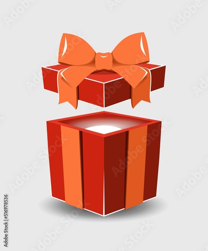 Open gift box with a surprise and a ribbon bow on a gray background.
   Realistic vector icon for gift,
   birthday or wedding banners
