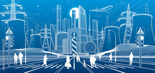 Modern night city. Large highway. People are crossing the town street. Infrastructure illustration, urban scene. Thermal power plant and power lines White outlines on blue background. Vector design