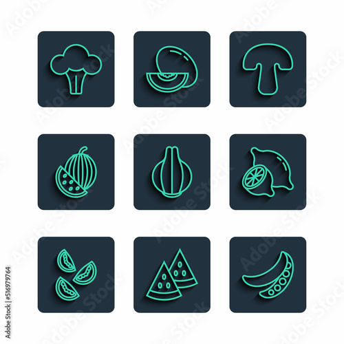 Set line Tomato, Watermelon, Green peas, Mushroom, Onion, Broccoli and Lemon icon. Vector