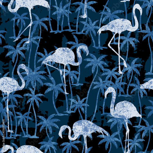 Tropical palm trees with flaming birds wallpaper abstract vector seamless pattern grunge effect in separate layers