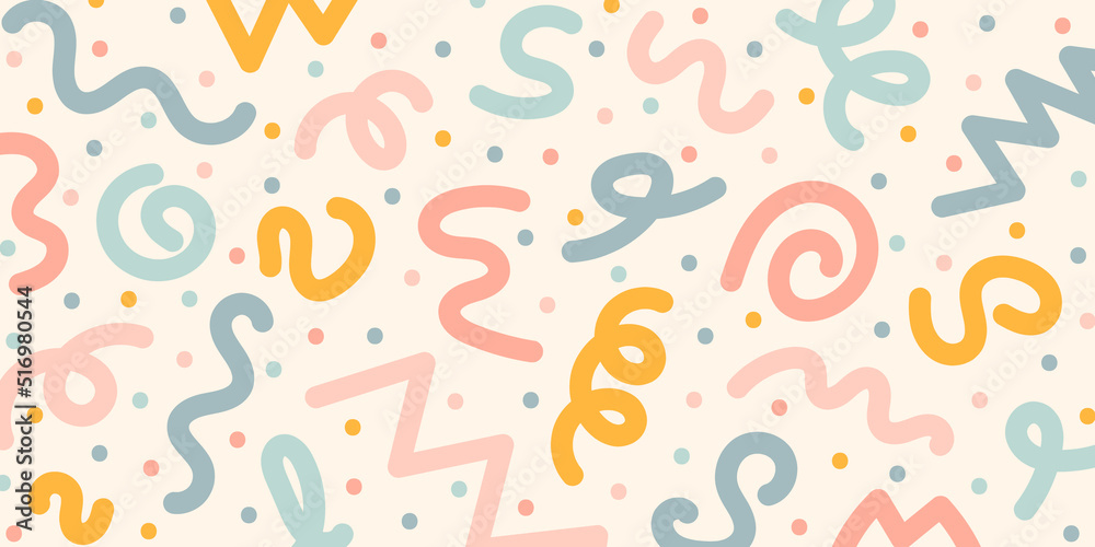 Free-form patterns in cute pastel tones. Simple childish scribble abstract background. Creative minimalist style art . Trendy festive horizontal banner template in doodle style with copy space.
