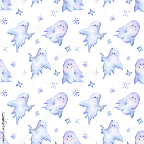 Watercolor ghosts seamless pattern. Cute Halloween illustration on white background