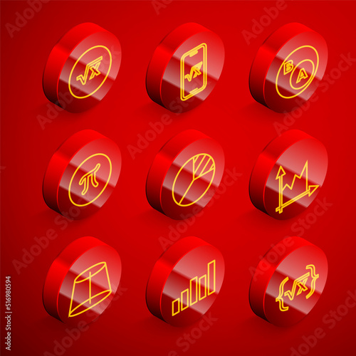 Set line Square root of x glyph, Subsets, math, is subset b, Pi symbol, Pie chart infographic, Graph, schedule, chart, diagram, Geometric figure and icon. Vector