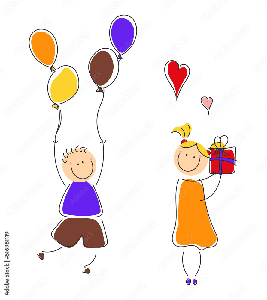 Children's characters in doodle style. Happy Birthday! Inflatable balloons and gift. Gift card, greeting card. Children's characters in doodle style. Happy Birthday! Inflatable balloons and gift. Gift card, greeting card.