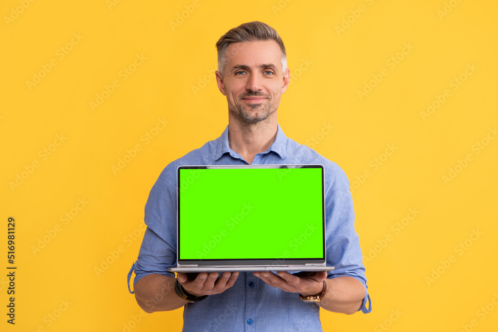 smiling businessman presenting product. presentation on computer. office manager smiling businessman presenting product. presentation on computer. office manager