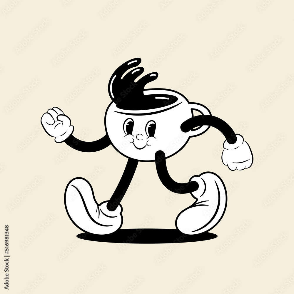 Retro cartoon cup of coffee mascot. 1930s cup of coffee character.  Funny coffee cup. Vector cartoon illustration.