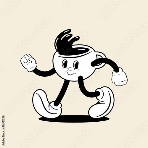 Retro cartoon cup of coffee mascot. 1930s cup of coffee character.  Funny coffee cup. Vector cartoon illustration. photo