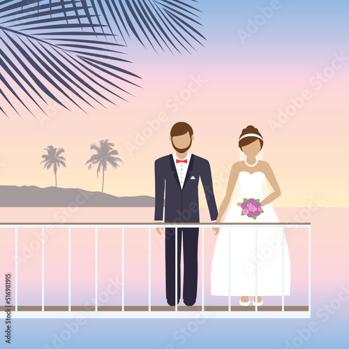married couple on the bridge by the sea romantic summer holiday design