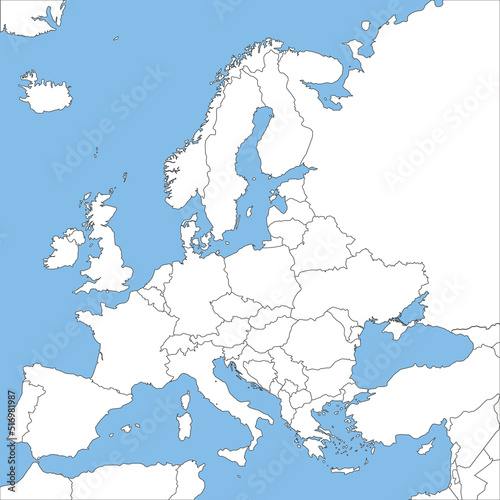 ヨーロッパ全体の白地図と国境、地中海沿岸