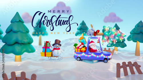 Happy New Year. Santa Claus is carrying a Christmas tree with a rabbit in a cheerful car. Christmas 3d render design, banner, modern poster, holiday flyer, brochure, postcard. Winter 3d illustration.