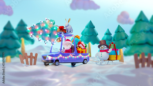 Merry Christmas. Santa Claus is carrying a Christmas tree with a rabbit in a cheerful car. Christmas 3d render design, banner, modern poster, holiday flyer, brochure, postcard. Winter 3d illustration.