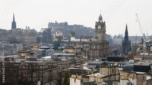 City architecture and Arthur's Seat hill in Edinburgh in Scotland.