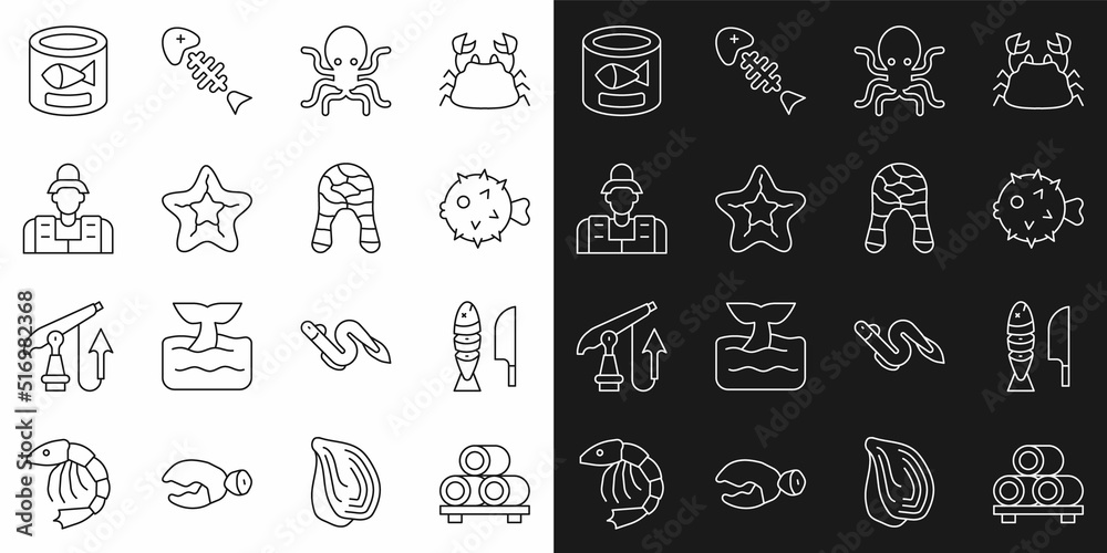 Set line Sushi on cutting board, Fish with sliced pieces, hedgehog, Octopus, Starfish, Fisherman, Canned and steak icon. Vector
