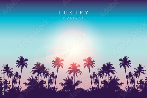 beautiful sunset on tropical palm tree silhouette background