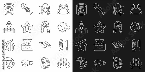 Set line Sushi on cutting board, Fish with sliced pieces, hedgehog, Octopus, Starfish, Fisherman, Canned and steak icon. Vector
