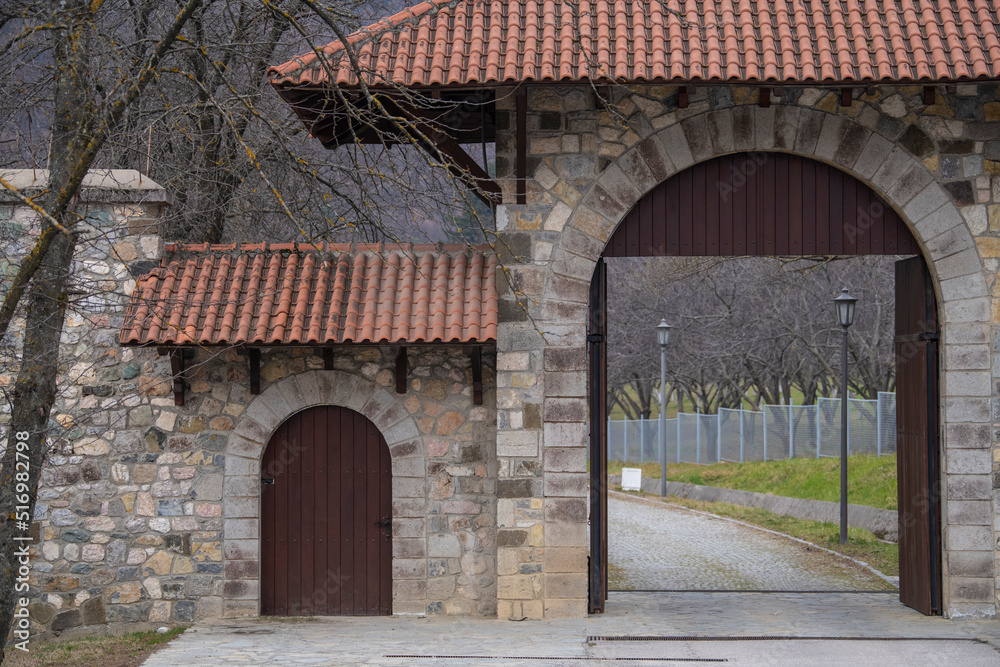 Entrance gate to Medieval Monastery and Church Pecka Patrijarsija, main Serbian orthodox monastery and patriarchate. UNESCO world heritage site in Pec, Kosovo, Serbia 05.03.2022