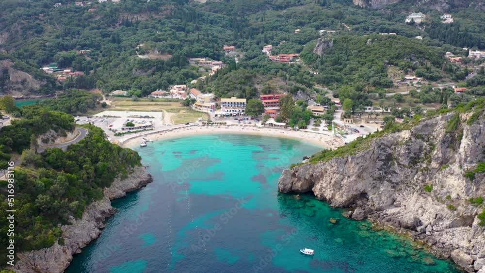 Agios Spyridonas beach in Palaiokastritsa village, Corfu Island, Greece, 4k drone video Agios Spyridonas beach in Palaiokastritsa village, Corfu Island, Greece, 4k drone video