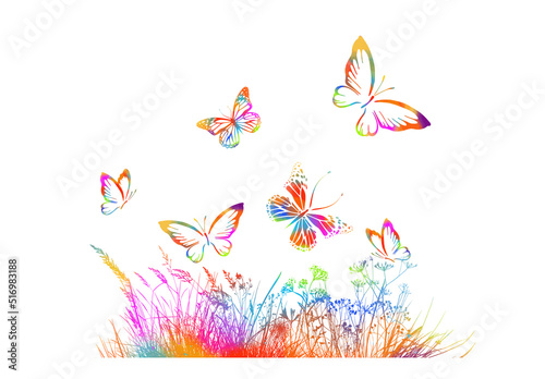 Colorful silhouettes of grass, flowers and butterflies. Abstract floral vector background