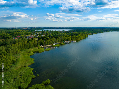 Fototapeta Naklejka Na Ścianę i Meble -  Pogoria IV lake in Dabrowa Gornicza Aerial View. Popular tourist destination in Zaglebie. Silesian Voivodeship, Poland. 