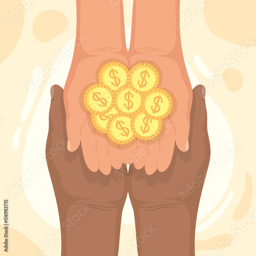 interracial hands with charity coins