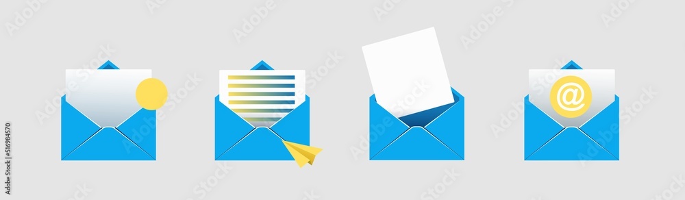 open mail envelope icon set with marker new message
 isolated on grey background. Render email notification
 with letters, check mark, paper plane and magnifying glass.
 realistic vector