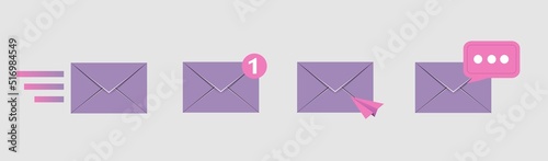 mail envelope icon set with marker new message
 isolated on grey background. Render email notification
 with letters, check mark, paper plane and magnifying glass.
 realistic vector